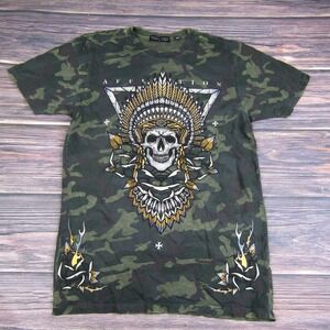 Affliction Mens Small T Shirt Biker Motorcycle USA America Green Camo Skull